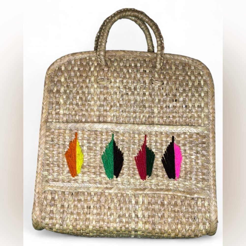 MEXICAN Vtg Woven Straw Basket Beach Shopper Tote